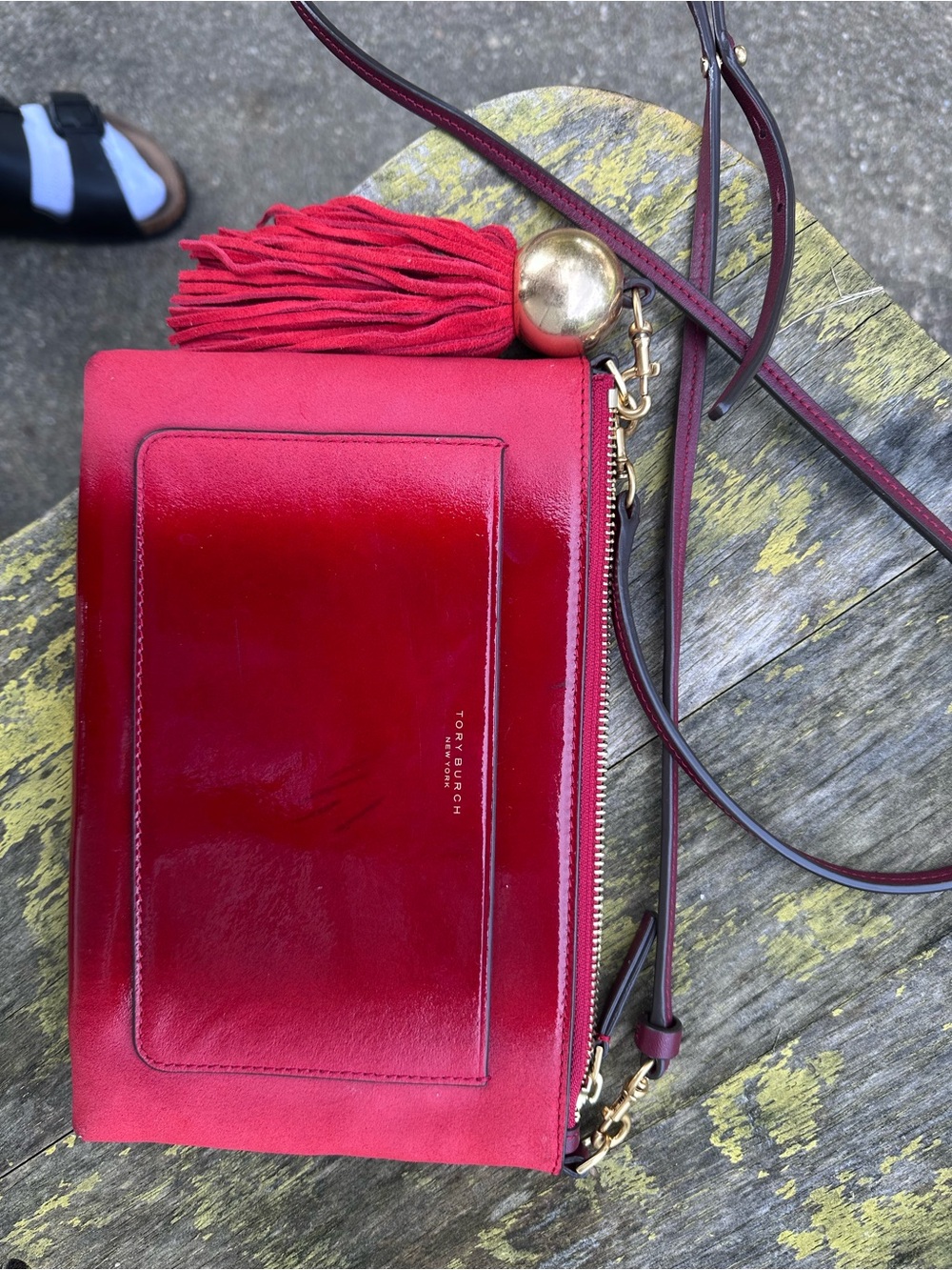 Tory Burch Red Suede & Patent Leather Crossbody with Tassel